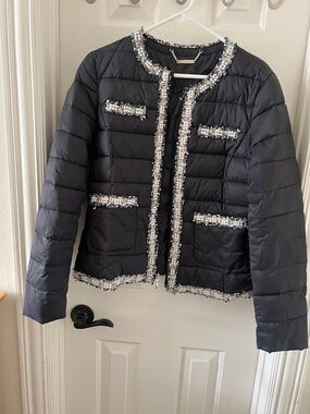 White House Black Market Black Quilted Puffer Jacket with Silver Beaded Trim